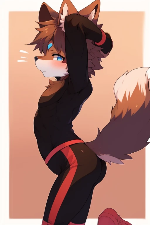 Furry wolf,((Shota)), black spandex yoga pants, solo