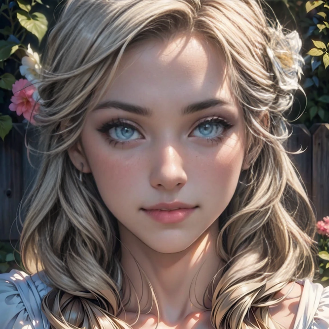 (highest quality,4k,8k,High resolution,masterpiece:1.2),super detailed,(realistic,photorealistic,photo-realistic:1.37),detailed and beautiful eyes,dense and beautiful lips,highly detailed eyes and face,long eyelashes,[garden, Bright colors,soft natural light,romantic atmosphere,vivid flowers, flowing transparent dress,sexy feminine and elegant pose,Happy and confident look, High fashion style, Dreamy scenery, fine art portrait, art print quality, oil painting techniques, impressionist style.