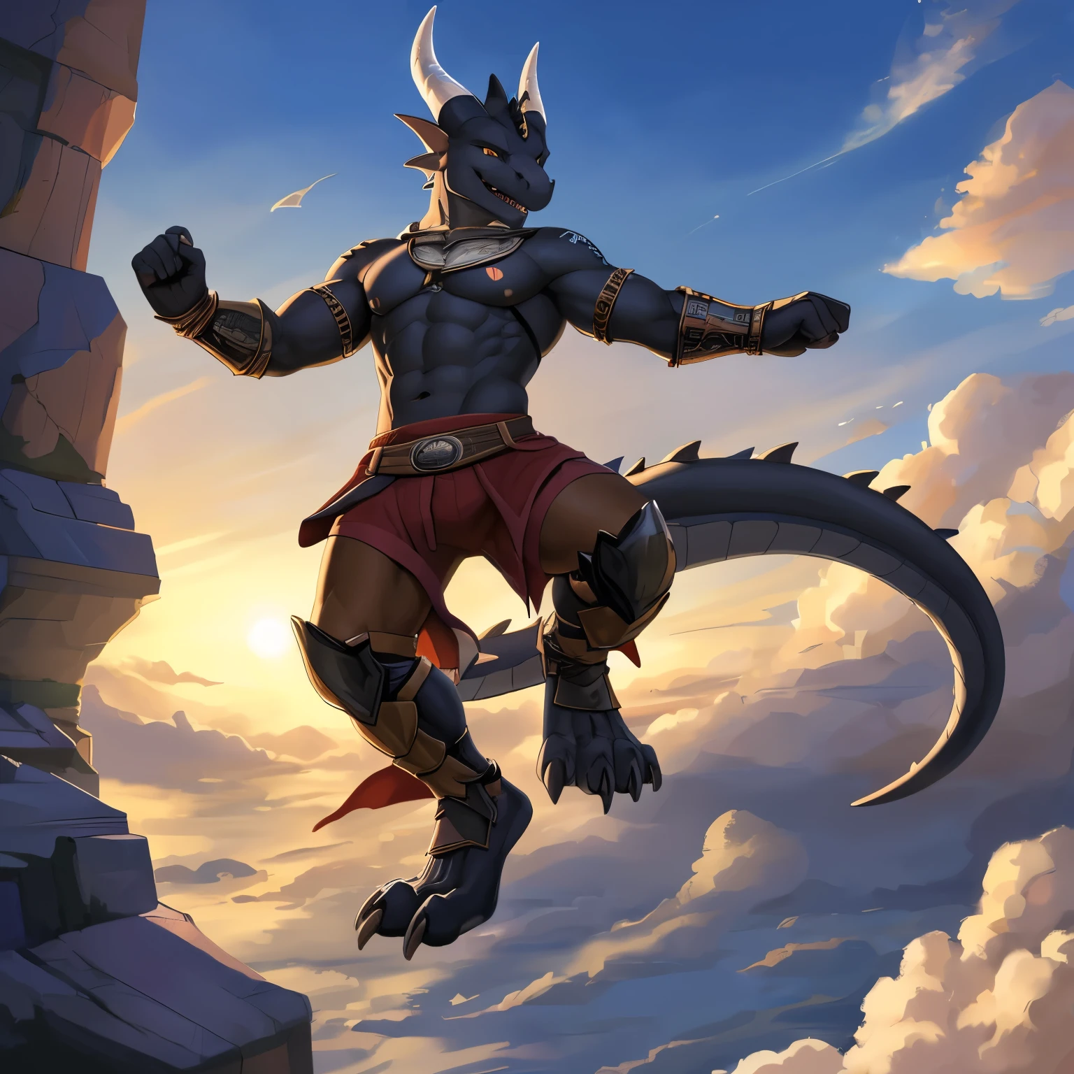 (masterpiece, best quality, high quality, highres:1.4), detailed, extremely detailed, bright lighting, 4K, (by ruaidri), yupa, kiyosan,(by meesh), (by fffffolder)), delga: ( slim, athletic, dragon, black body, smooth skin, athletic muscle, anthro legs, ((skin glowing)), glowing skin, ((young)), (dragon feet), (toe claw), black spikes, (detailed eyes), dragon horn, bare_shoulders, (clothing, handwear:(vambraces), bottomwear:([[leg armor]]))), beautiful, (((heroic aura))), closed_mouth, covered in tattoos, has tattoos, tattoos covering the  and arms, tattoo sleeves on both arms, descending from the clouds, radiating, giant, raising his leg about to stomp tiny planet