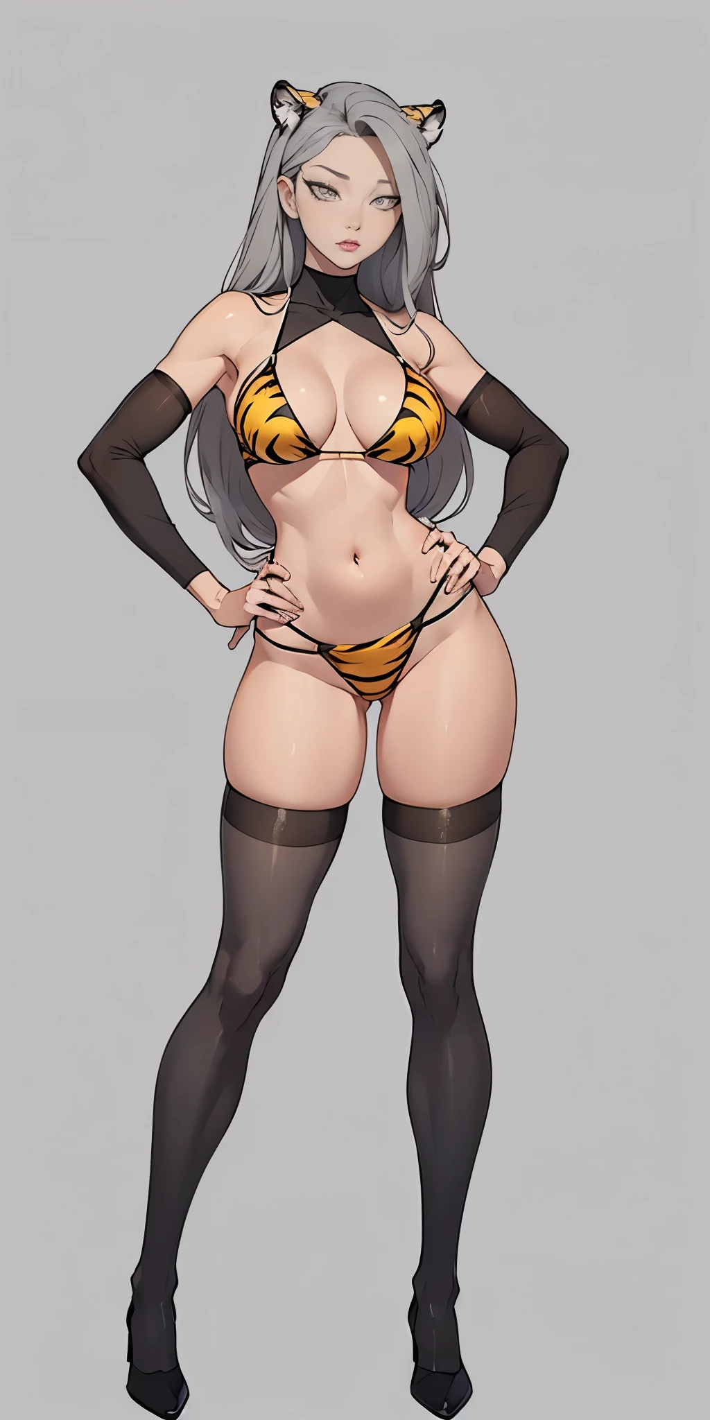 ((Masterpiece, plain background,1:2, masterpiece)) full body standing straight symmetrical against contrapposto yellow tiger print BIKINI stockings sleeves, hands on waist hips, navel, (Vladilena Milize) (grey eyes:1.5) grey long hair, hair between eyelashes