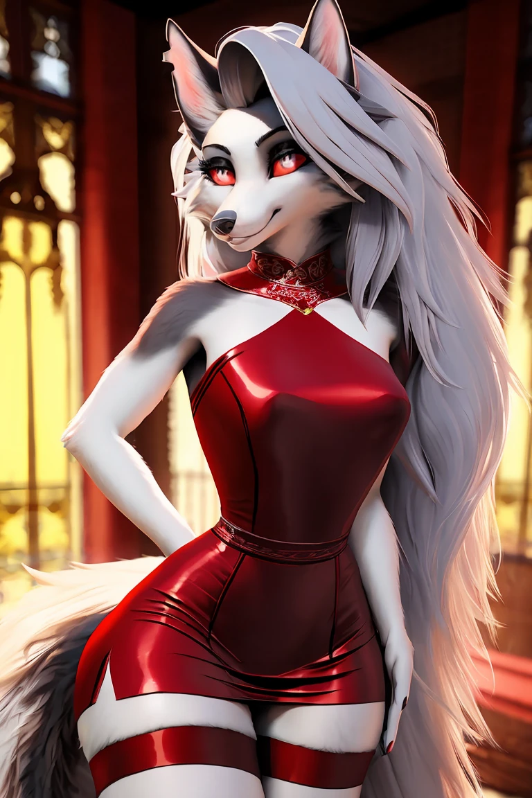 (best quality,4k,8k,highres,masterpiece:1.2),ultra-detailed,(realistic,photorealistic,photo-realistic:1.37),red eyes,furry,wolf girl,(beautiful/detailed eyes:1.1),feminine face,long lashes,(red clothing:1.1),(qipao,cheongsam:1.1),flowing chiffon,(jewelry/accessories:1.1),well-proportioned body,(thick thighs:1.1),Loona-inspired,(reasonable structure:1.1)