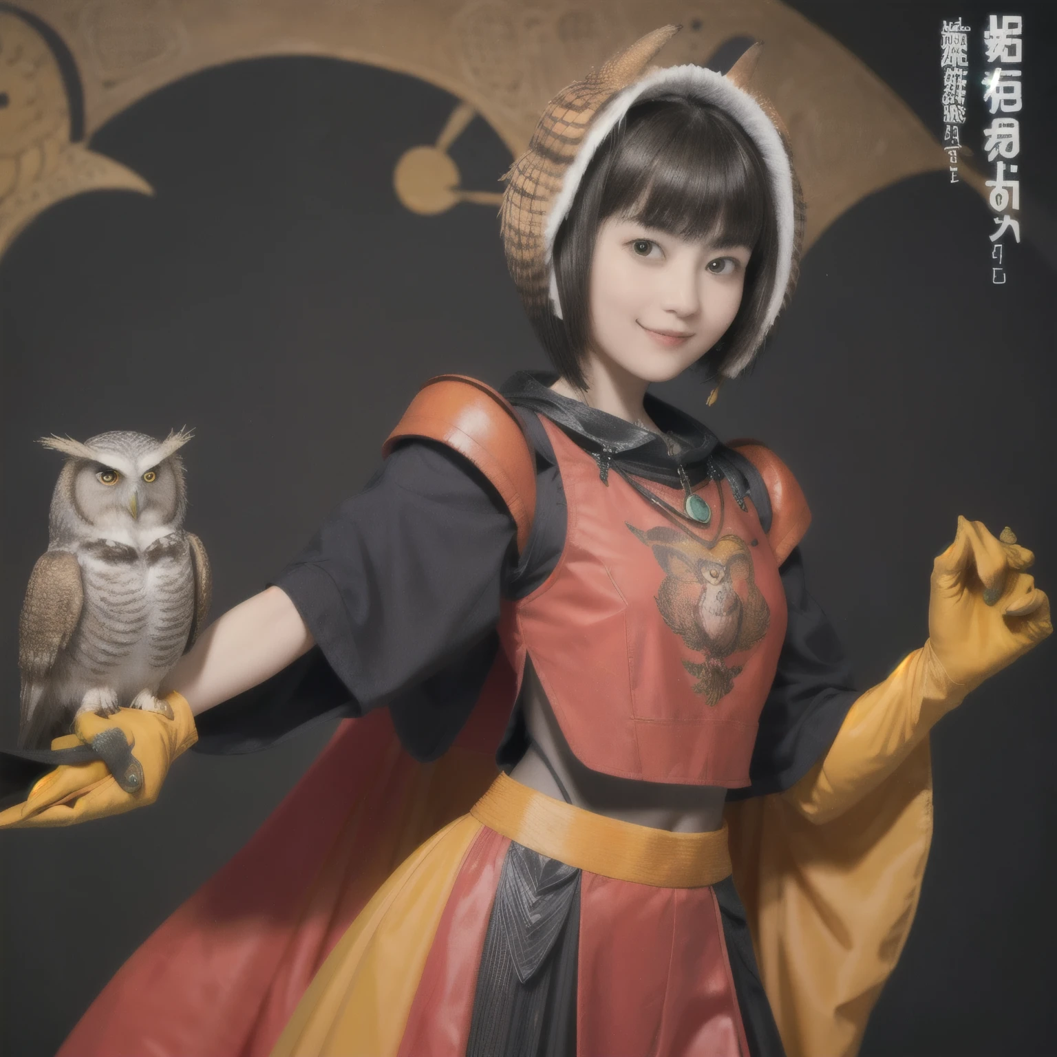 224 Short Hair, 20-year-old woman, A kind smile, (There are also colorful owls), (Rembrandt-style painting), ((machinery suit,Clothes with short sleeves)),I can see your abs