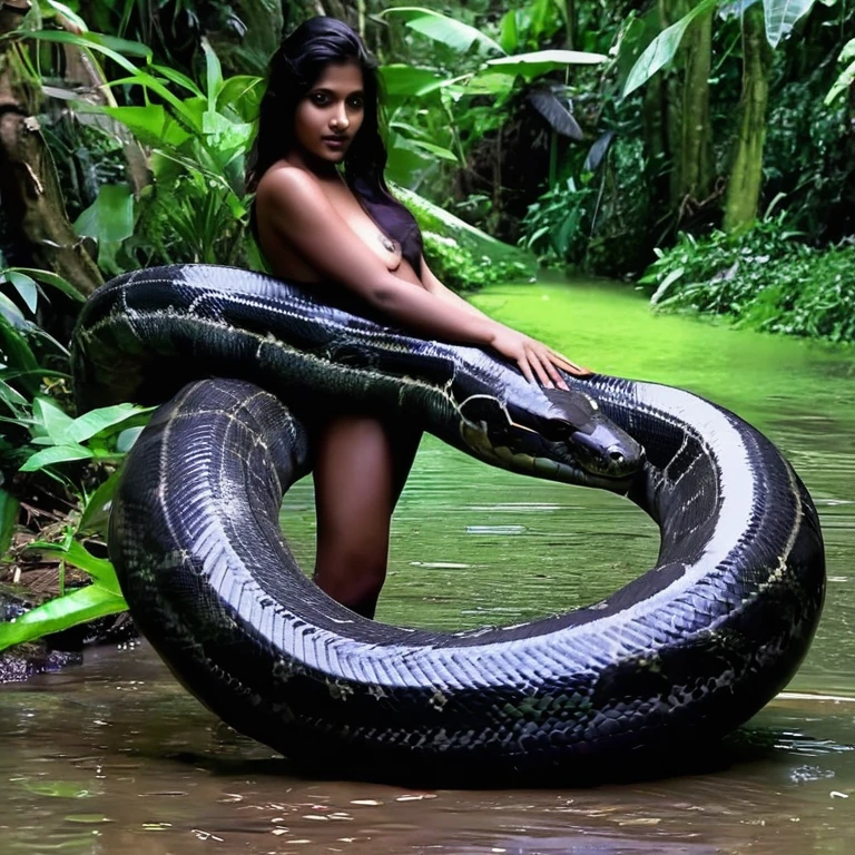 Topless pink thong wearing aroused horny beautiful happy indian girl vs Giant black anaconda monster wrapped around her body squeezing her in coiled embrace cuddling and kissing sexual erotic bestiality sex realistic in the rainforest full body, best quality wet