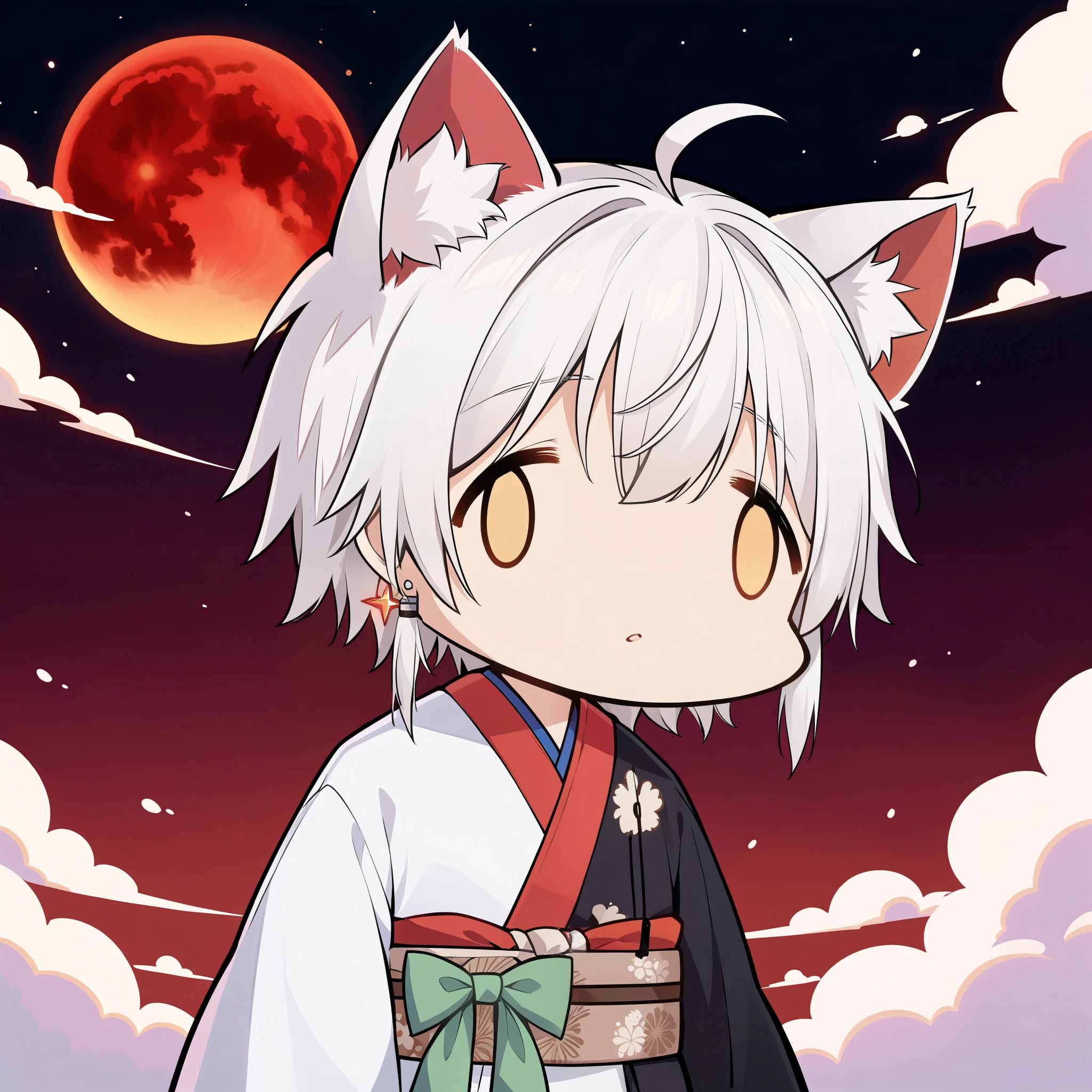 fxmeme,portrait,1boy,cat_boy,(animal ears),((white half_kimono)),((white kimono)),black half_kimono,black kimono,(red lapel),short hair,yellow eyes,dot nose,(white hair),short hair with long locks,bangs,ahoge,sash,obi,floral print,(beautiful hands),hair in wind,line art,single earrings,androgynous,(white hakama skirt),Big cherry tree,excited,I can see your pants,My skirt is blown up by the wind,A look of regret at parting,sparkling atmosphere,SakuraFubuki,solo,alone,beautiful and clear background, depth of field,beautiful detailed glow,beautiful detailed eyes, dark magician boy,Floating ashes, Beautiful and detailed explosion, red moon,fire,Fire cloud, Wings on fire, a cloudy sky, smoke of gunpowder, burning, (beautiful detailed eyes),expressionless, floating cloud,disheveled hair,long bangs, hairs between eyes,{{{half closed eyes}}},colorful,masterpiece, best quality, ultra detailed, illustration, perfect composition, intricate details,sawamura spencer eriri,((dynamic pose)),blacklight,cute