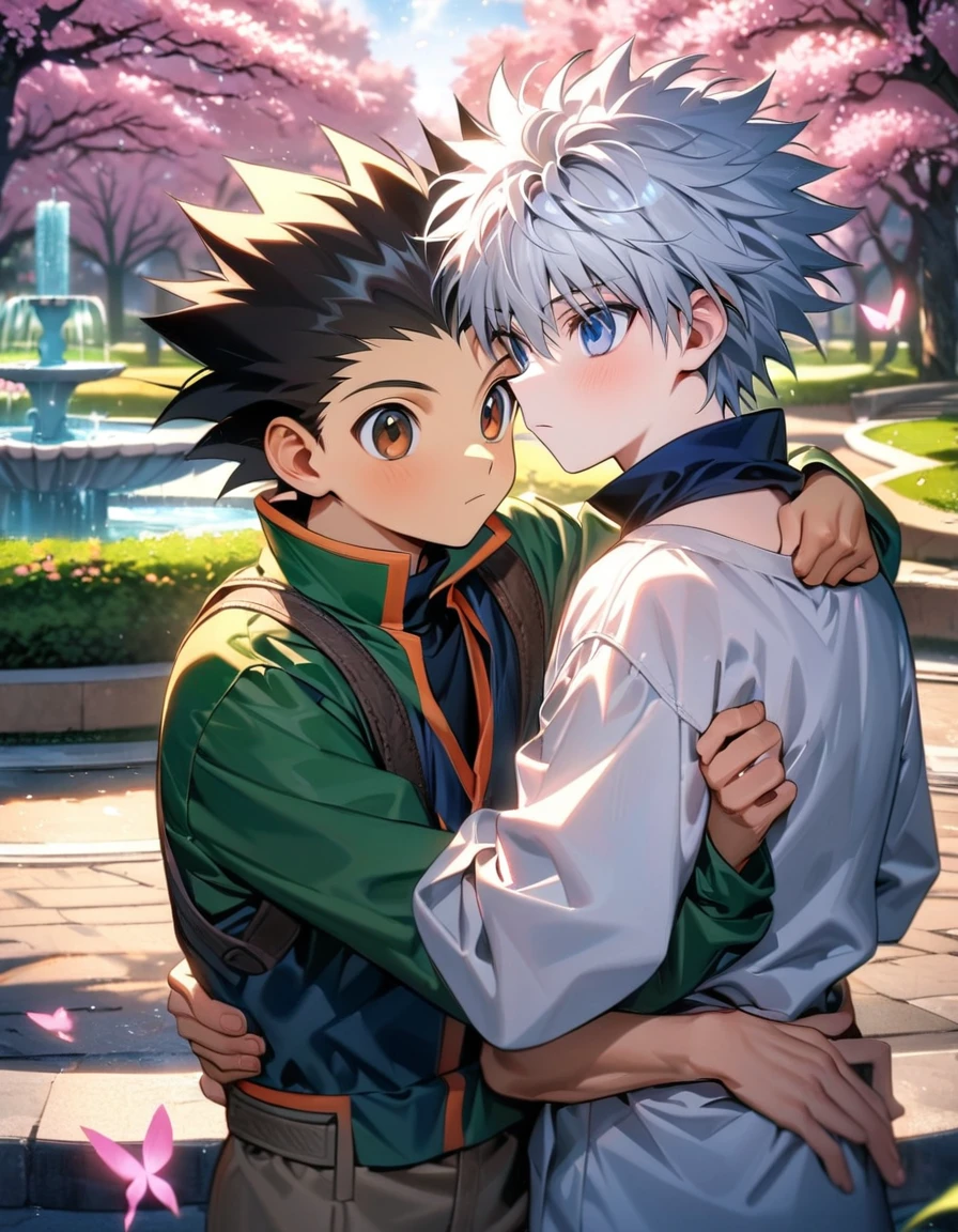 absurdres, highres, ultra detailed, HDR, master piece, best quality, Killua Zoldyck, white hair, expressive blue eyes, Hunter x Hunter, Gon Freecss, black hair, expressive brown eyes, two men together, gay couple, cute, yaoi, park, fountain, pink butterflies, pink flowers, blossoms
