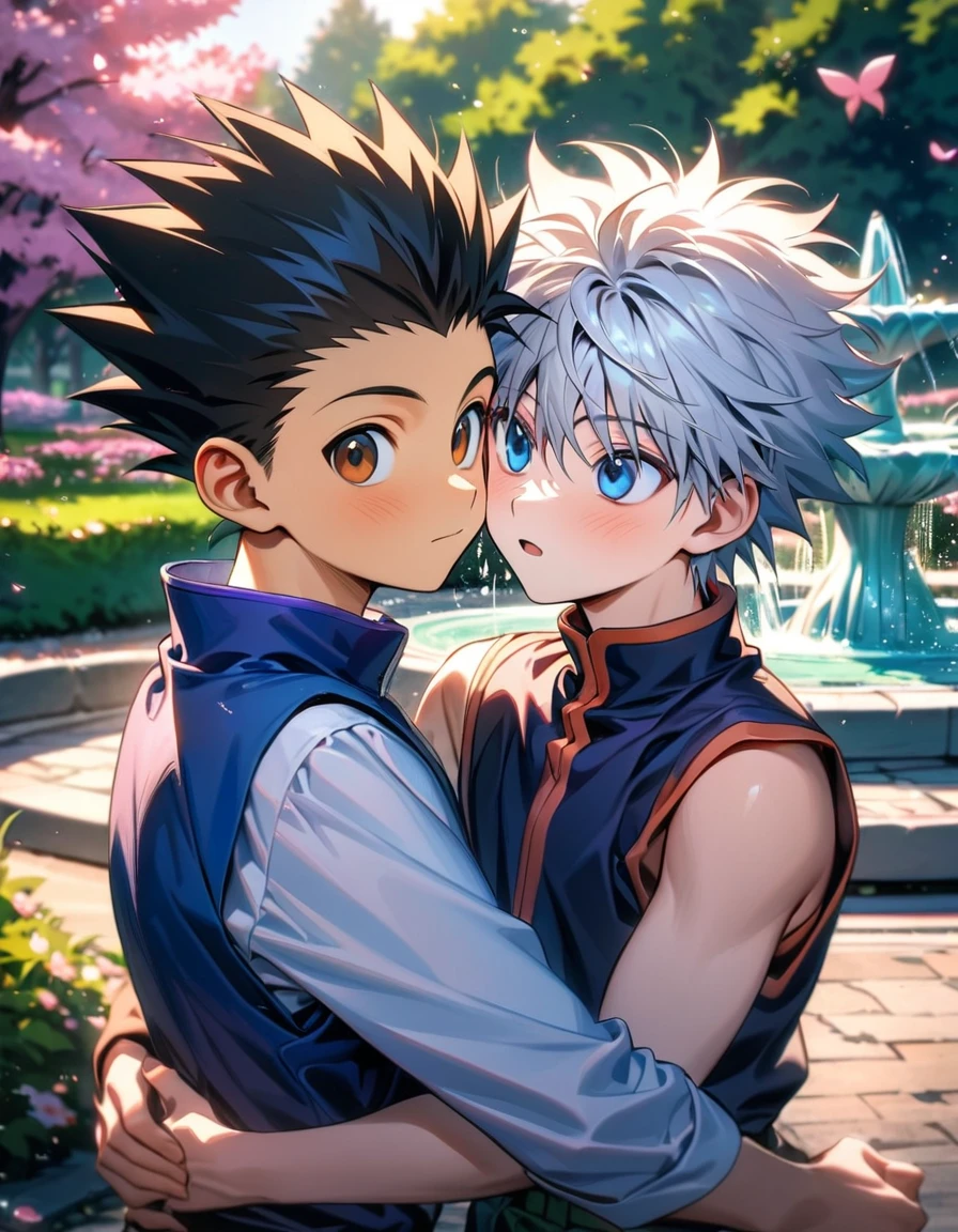 absurdres, highres, ultra detailed, HDR, master piece, best quality, Killua Zoldyck, white hair, expressive blue eyes, Hunter x Hunter, Gon Freecss, black hair, expressive brown eyes, two men together, gay couple, cute, yaoi, park, fountain, pink butterflies, pink flowers, blossoms