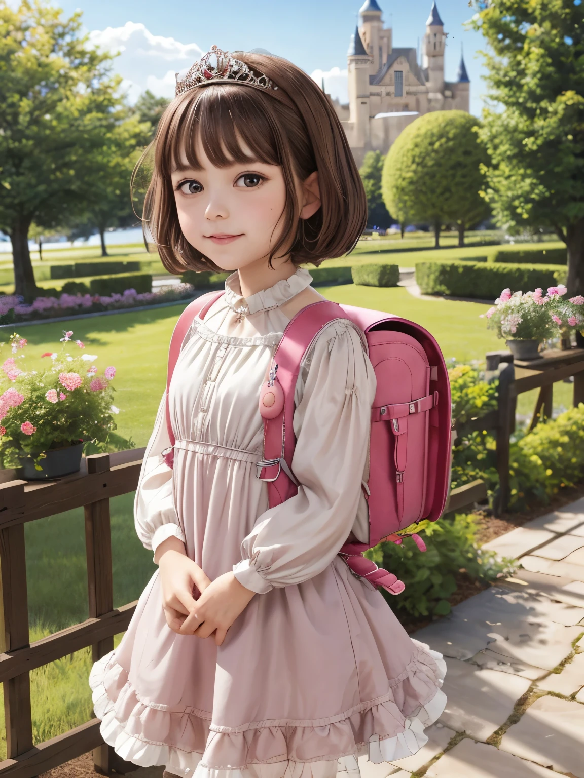 masterpiece, best quality, highres, 1girl, solo, brown hair, short hair, purple eyes, mole under eye, cowboy shot, frilled dress, tiara, pink dress, castle, outdoor, garden, wearing randoseru backpack, (randoseru backpack:1.1), buzzer