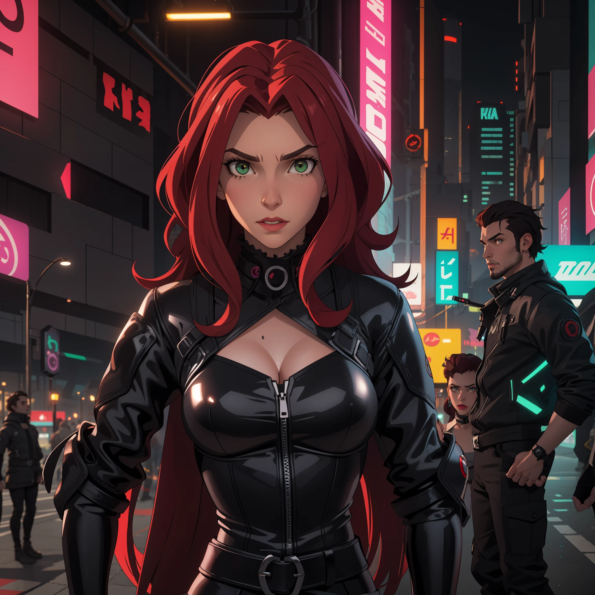 A 30-year-old woman, cabello rojo ondulado, piel clara, ojos verdes como esmeraldas, pechos grandes, Cyberpunk glossy latex set negro, selfi, , pechos grandes. cuerpo completo. manos perfectas.