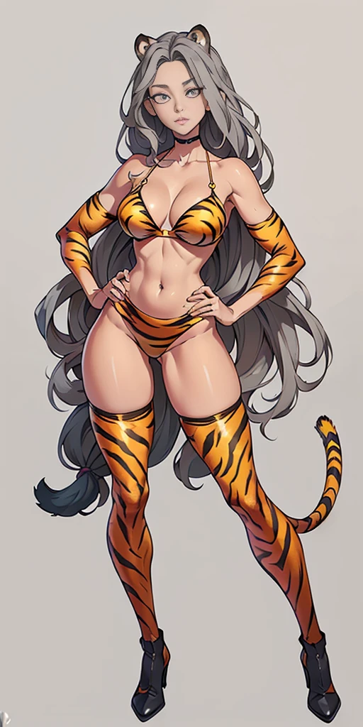 ((Masterpiece, plain background,1:2, masterpiece)) full body standing straight symmetrical against contrapposto yellow tiger print BIKINI stockings sleeves, hands on waist hips, navel, (Vladilena Milize) (grey eyes:1.5) grey long hair, hair between eyelashes