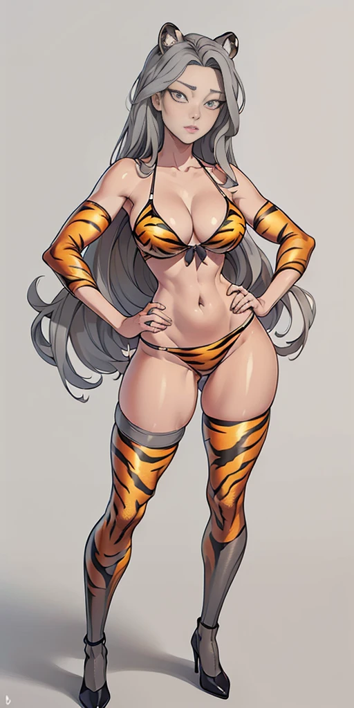 (((Plain background 1:2))) (masterpiece, high quality: 1.1) 1girl solo full body height standing straight symmetrical looking to the viewer, view from below, far shot, cow boy shot, hairstyle with a braid, white colored hair, yellow eyes, perfect lighting, muscular, thighs, mature woman, mummy, bellybutton, abs, looks at the viewer smile RED CHEEKS, extremely huge breasts, maternal, porcelain skin, extra very long hair, sparkly skin, good face, chest cover, HANDS ON HIPS (yellow tiger bikini print long sleeves and long stockings)