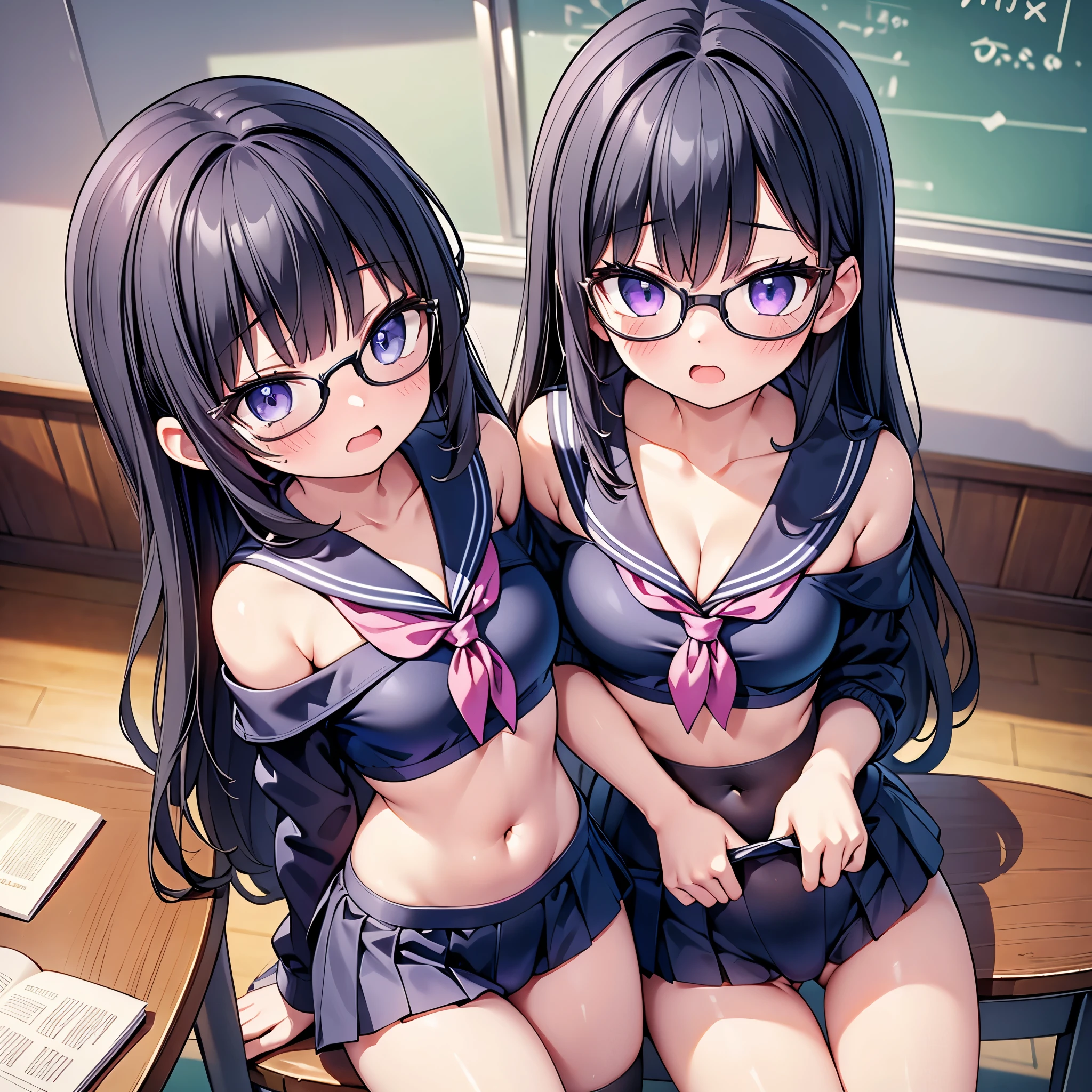 (cute eyes:1.2), (sparkling eyes:1.2), (8K、Best image quality、highest quality、masterpiece)、Detailed face、(2 girls)、Improve、(Black Hair, Purple Eyes, Glasses, long hair)、(open mouth), (embarrassed), (skinny body:1.3),(small breasts), (off shoulder sailor swimsuit:1.2), (cleavage), (crop top navel), Sit on a chair, Classroom Background, (black stockings:1.1), (Thighs:1.1), (Waistline:1.1),(close-up shot of bust), (from above:1.2)