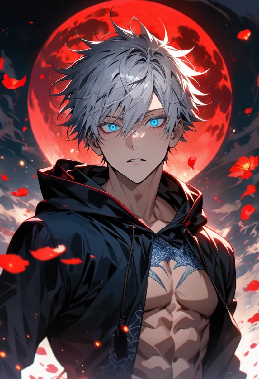 Ultra detailed, Highres, absurdres, HDR, Gojo Satoru, white short hair with bangs, expressive blue eyes, white eyelashes, hair between the eyes, Jujutsu Kaisen, black clothes with patterns with a hoodie, sexy man, solo, red flowers, shining fireflies, handsome, petals, shining red lights, shining red moon, toned chest, extremely detailed eyes and face, master piece,