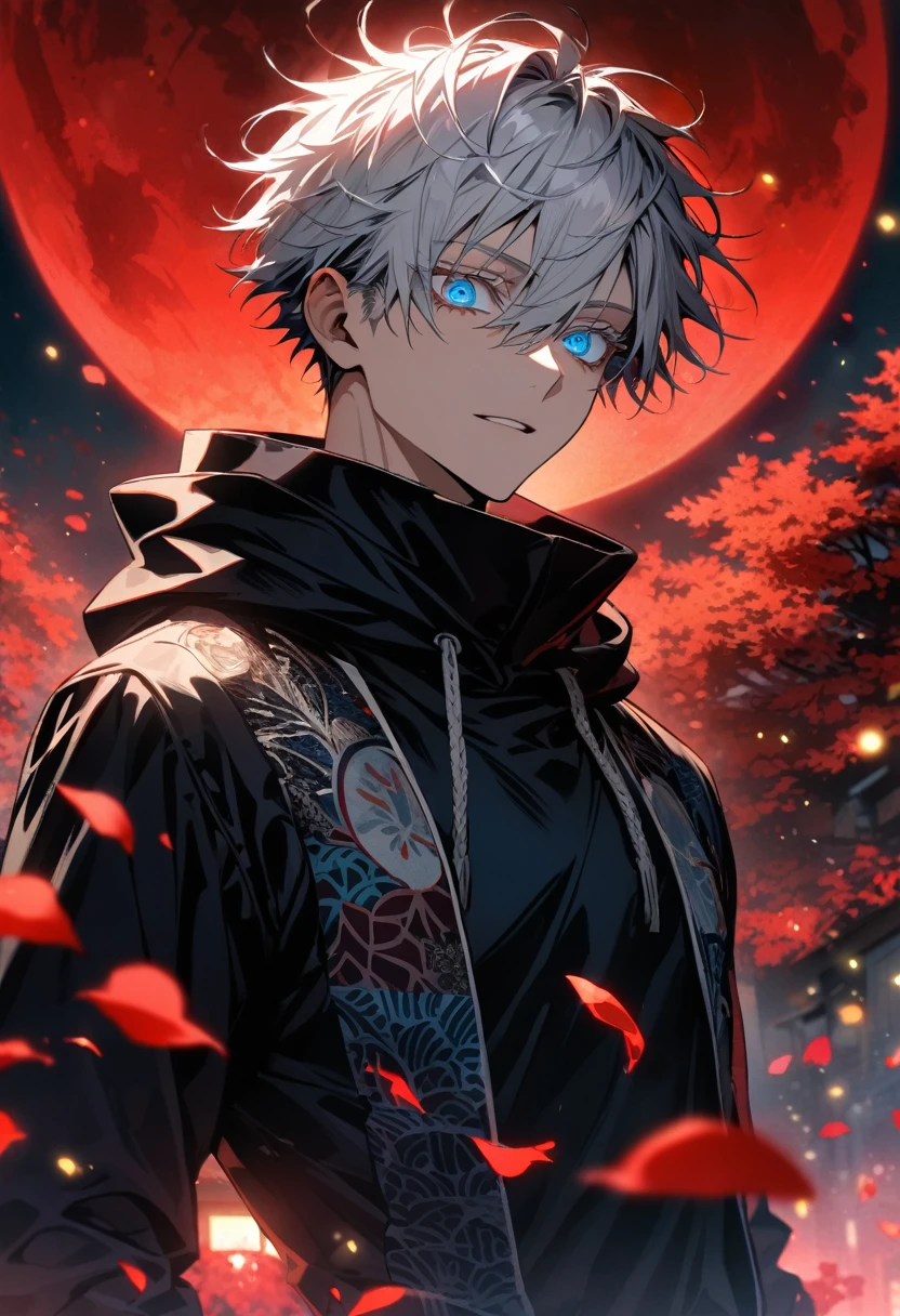 Ultra detailed, Highres, absurdres, HDR, Gojo Satoru, white short hair with bangs, expressive blue eyes, white eyelashes, hair between the eyes, Jujutsu Kaisen, black clothes with patterns with a hoodie, sexy man, solo, red flowers, shining fireflies, handsome, petals, shining red lights, shining red moon, toned chest, extremely detailed eyes and face, master piece,