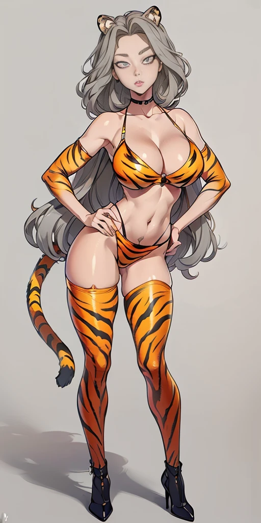 ((Masterpiece, plain background,1:2, masterpiece)) full body standing straight symmetrical against contrapposto yellow tiger print BIKINI stockings sleeves, hands on waist hips, navel, (Vladilena Milize) (grey eyes:1.5) grey long hair, hair between eyelashes