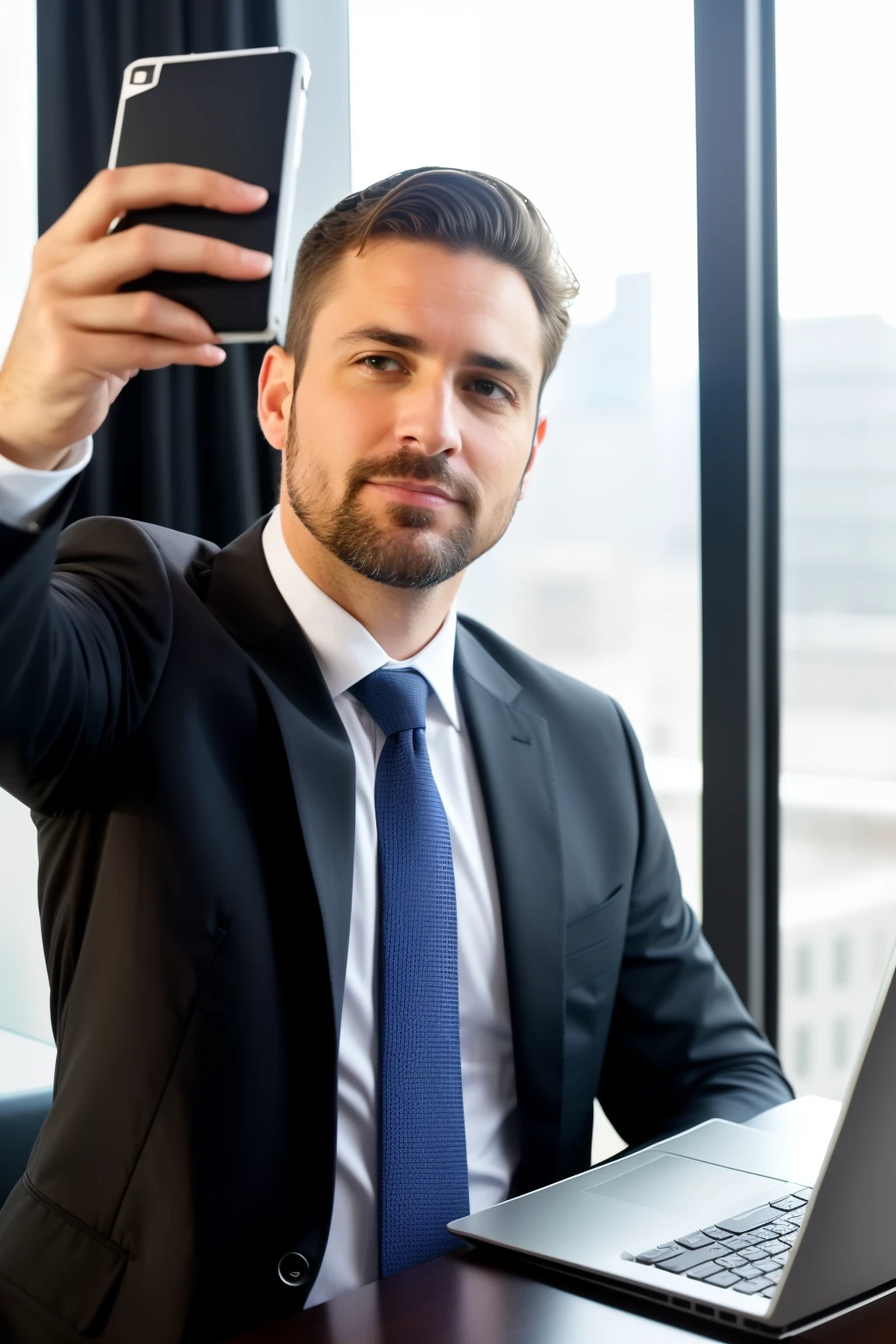 A 35-year-old man, ((icy)), ((hiperrealismo)), brown hair with graying temples. Brown hair, pelo con sombra de gris, sculptural face, hombre de negocios, photo taken with Canon, office setting, professional attire, tie, suit, glass of whiskey on the desk, focused expression, left hand typing on the keyboard, right hand holding the glass, laptop screen displaying the message, clear font, high contrast, dim lighting, desktop background set to a galaxy, strategic thinking, upper-class, business man, (selfie admitted, obra-prima: 1.5), (fotor