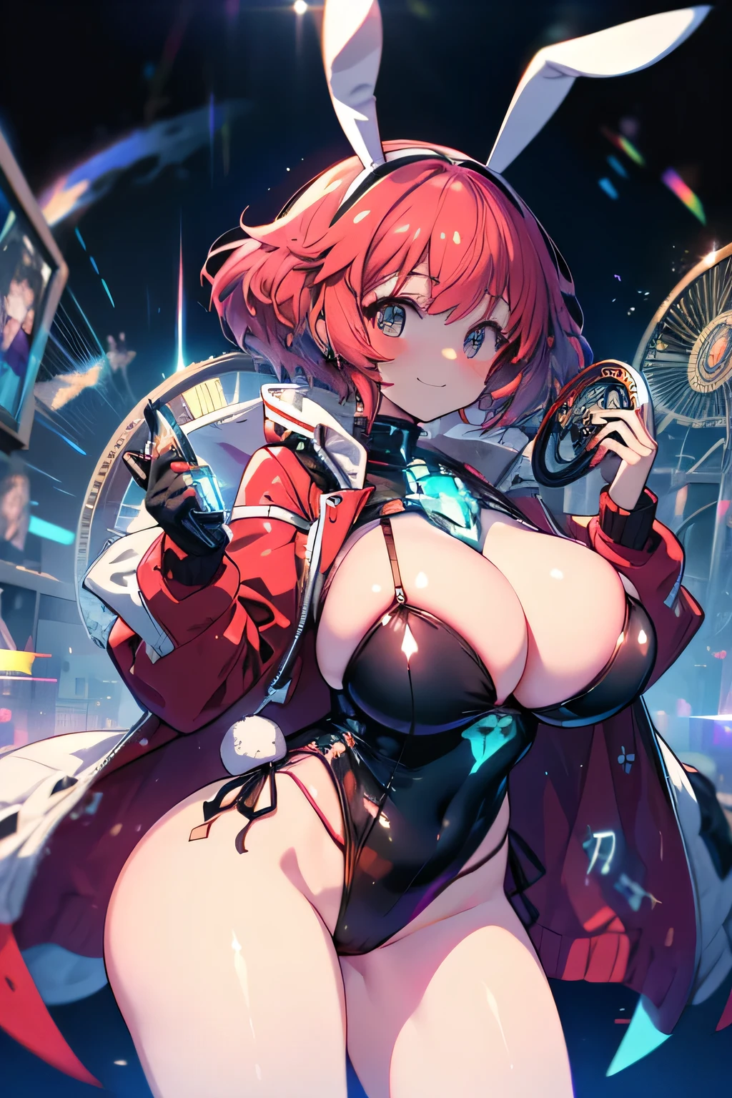 Anime illustration、highest quality、cyber punk、Xenoblade Chronicles 2、Homura、Red Hair、Luxury Casino、Voluptuous Bunny Girl、Giant roulette wheel、Bunny ears、Perfect proportions、Big Breasts、Thick legs、Beautiful, shining eyes、smile、Cowboy Shot