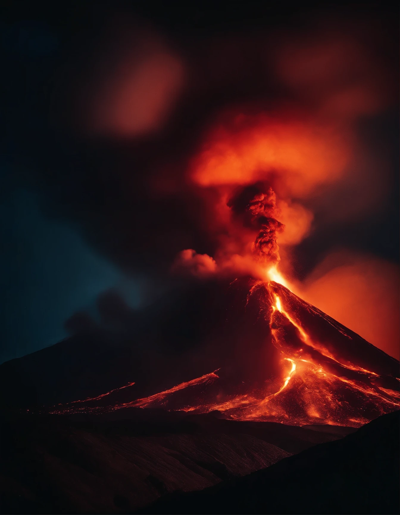 Volcanic eruption at night.