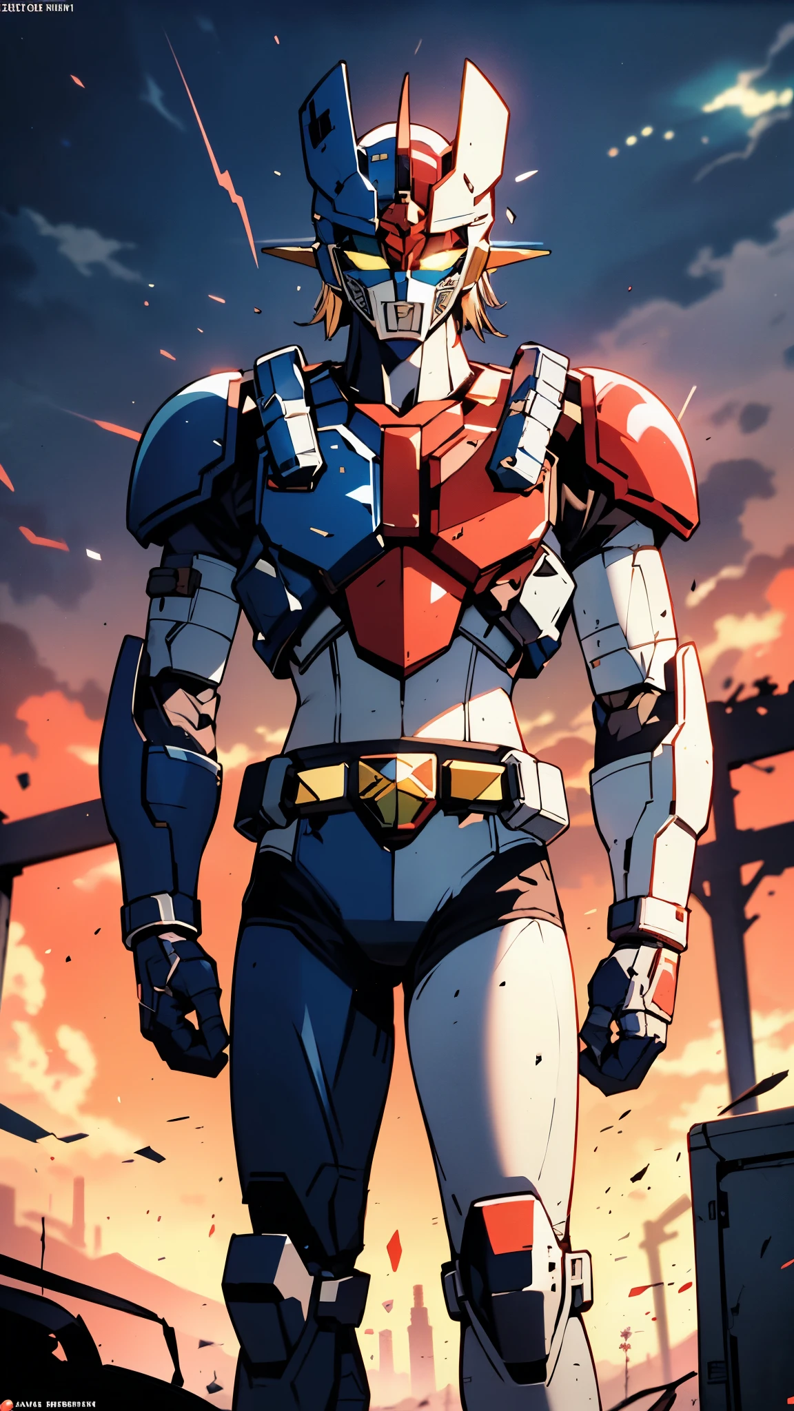 A man wearing a full-face helmet, a fantasy-style biotech armored combat suit, green eyes, (a composite layered chest armor), fully enclosed shoulder guards, matching arm and leg guards, the belt is adorned with Z mark, (the color scheme is primarily white with red and blue accents), the design balances heavy with agility, a high-tech bio-mecha armor, (Armor Concept Inspired by Mazinger Z, stand on the top of a skyscraper in a futuristic sci-fi city), this character embodies a finely crafted fantasy-surreal style armored hero in anime style, exquisite and mature manga art style, (battle damage, element, plasma, energy, the armor glows), ((male:1.5)), metallic, real texture material, dramatic, high definition, best quality, highres, ultra-detailed, ultra-fine painting, extremely delicate, professional, perfect body proportions, golden ratio, anatomically correct, symmetrical face, extremely detailed eyes and face, high quality eyes, creativity, RAW photo, UHD, 32k, Natural light, cinematic lighting, masterpiece-anatomy-perfect, masterpiece:1.5