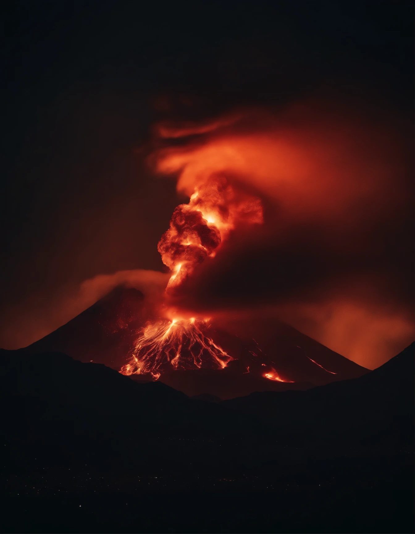 Volcanic eruption at night.