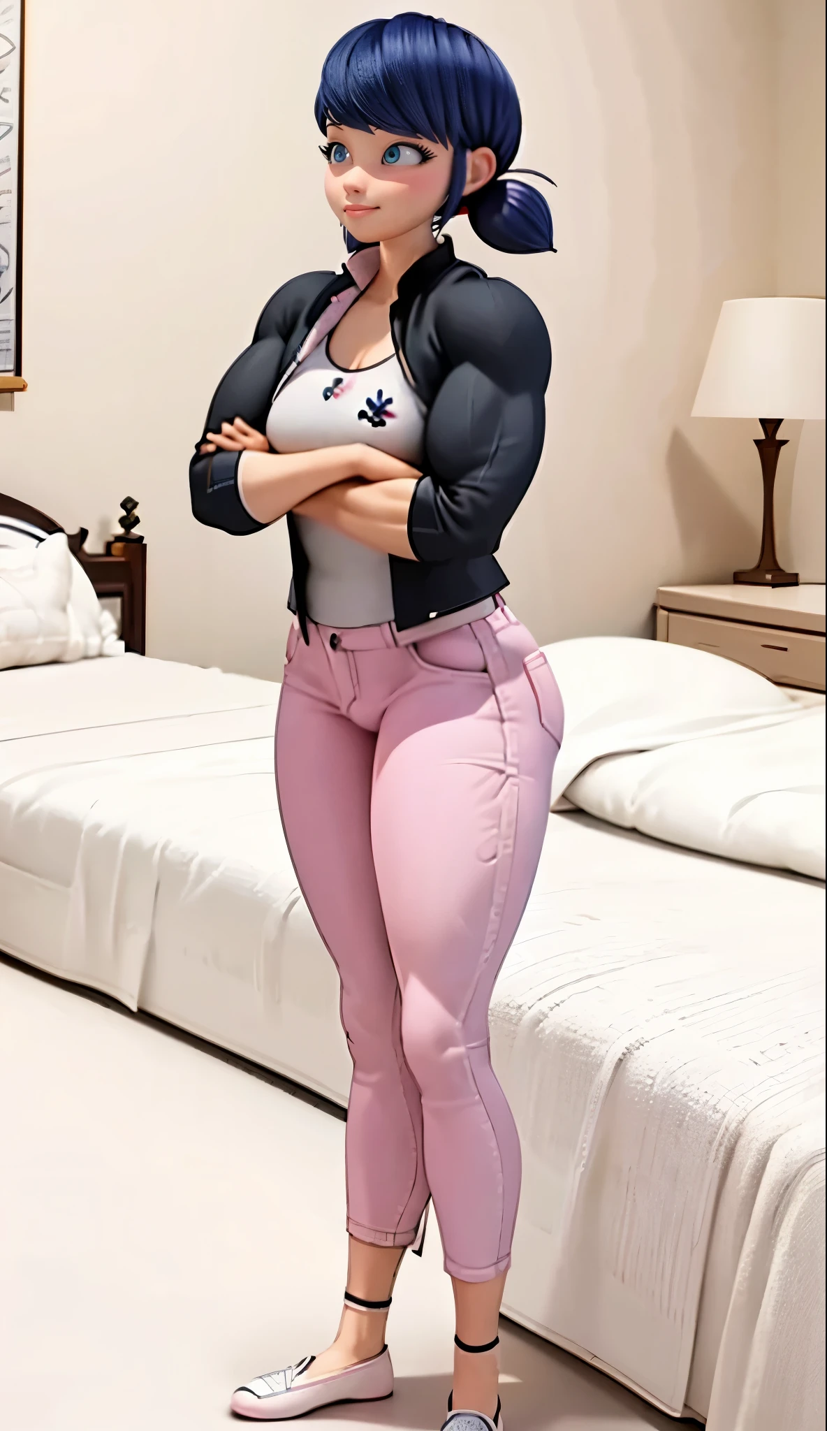 (big muscular female bodybuilder, beautiful detailed eyes, beautiful detailed lips:1.1,strong physique, two short pigtails, (smile), ( Marinette wears a white printed shirt ), black jacket, ((( dark pink jean's , plane jean's, without pattern))), and ballet flats.), lifting weight, muscular arms and legs:1.2, toned abs, powerful expression,sweating:1.1, bed background:0.9, intense focus:1.1, vibrant colors, dramatic lighting), rippling muscles,sturdy frame,dark tan,fit around the waist,tight abs,strong arms and shoulders,intense expression,determined look,well-defined muscles and veins,straining muscles,artistic pose,steely gaze,side lighting,powerful presence,vivid colors,dynamic composition,studio lighting,physically-based rendering,athletic build,bodybuilding silhouette,professional,gritty texture,bokeh.