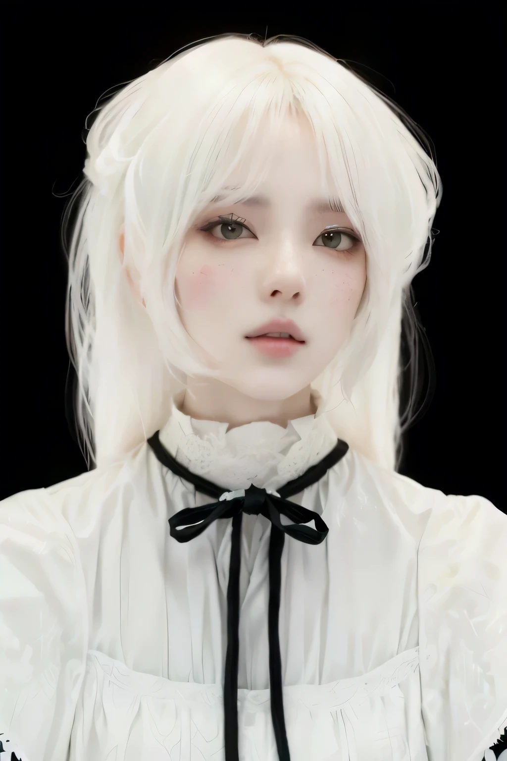 mulher arafa com cabelos brancos e sardas usando um vestido branco, artwork in the style of Guweiz, young pale ghost, Guweiz, com cabelo branco, Pele branca de porcelana, no art style by bowater, pale Pele branca de porcelana, pale white face, inspirado em Kano Naizen, cara de boneca chinesa, retrato realista kawaii