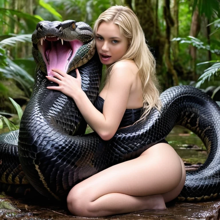  Topless  pink thong wearing aroused horny beautiful happy blonde   girl  vs  Giant black anaconda    monster wrapped around her body squeezing her in coiled embrace cuddling and kissing  sexual erotic bestiality  sex  realistic in the rainforest full body, best quality wet 
