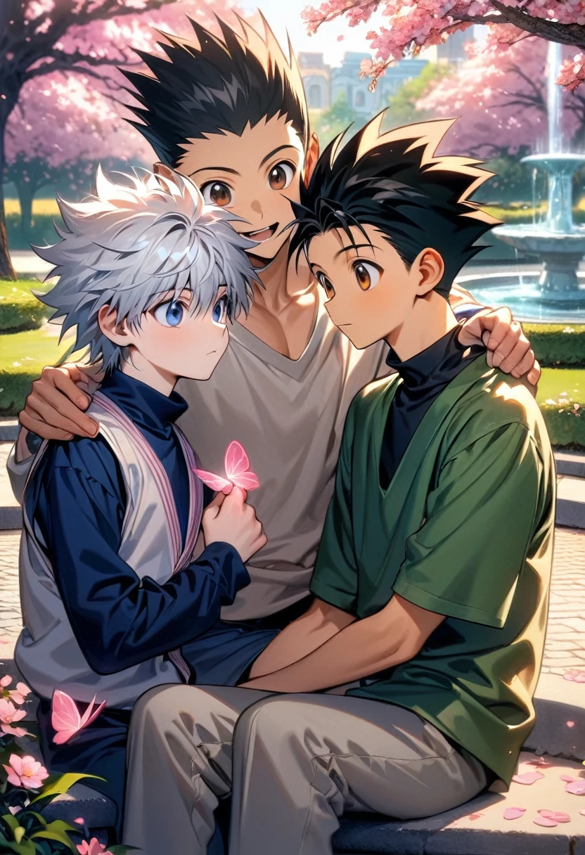 absurdres, highres, ultra detailed, HDR, master piece, best quality, Killua Zoldyck, white hair, expressive blue eyes, Hunter x Hunter, Gon Freecss, black hair, expressive brown eyes, two men together, gay couple, cute, yaoi, park, fountain, pink butterflies, pink flowers, blossoms