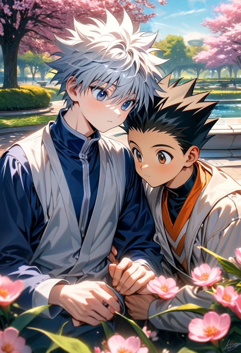 absurdres, highres, ultra detailed, HDR, master piece, best quality, Killua Zoldyck, white hair, expressive blue eyes, Hunter x Hunter, Gon Freecss, black hair, expressive brown eyes, two men together, gay couple, cute, yaoi, park, fountain, pink butterflies, pink flowers, blossoms