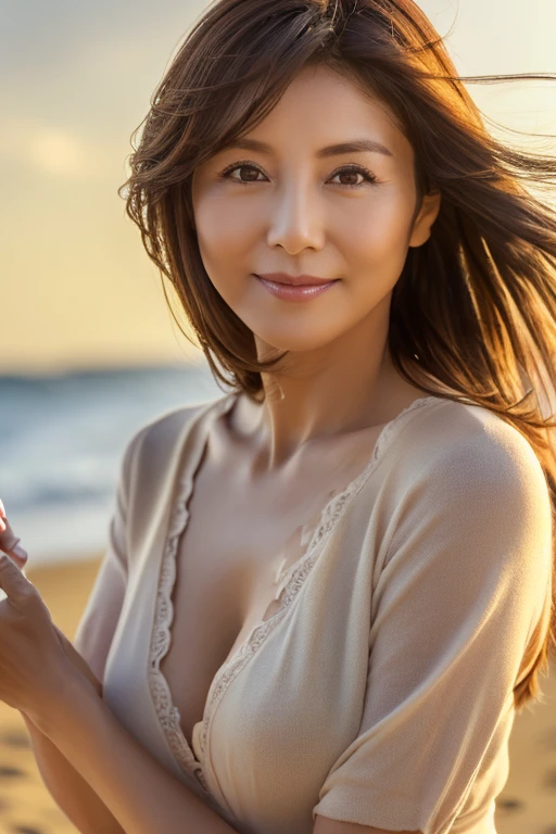 masterpiece, highest quality, High resolution, Photorealsitic, Raw photo, 8k wallpaper, perfection, Professional Lighting, Soft Light、Outdoor, Very detailed, Depth of written boundary,Sandy Beach、sunset, The sea breeze is strong、The wind is blowing((One beautiful woman, Japanese Mature)), (48yo)), Female Sexy, Detailed face, Beautiful Eyes, Shapely breasts, Boob Emphasis、I can see her cleavage、Light brown straight hair, (My hair is messed up by the wind:1.5), (Brush your hair with one hand:1.5)、 Faint lips, ((Stand in front、looking at the camera、Serious face eyes、A lovely smile)), Clothes wide open on the chest, Shoulderless knit dress、Cowboy Shot。