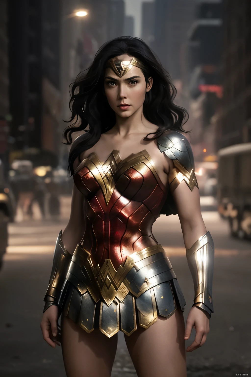Wonder Woman with short skirt Marvel's very realistic armor in New York  Resolution 4K wallpaper Theme: Dark. 

 