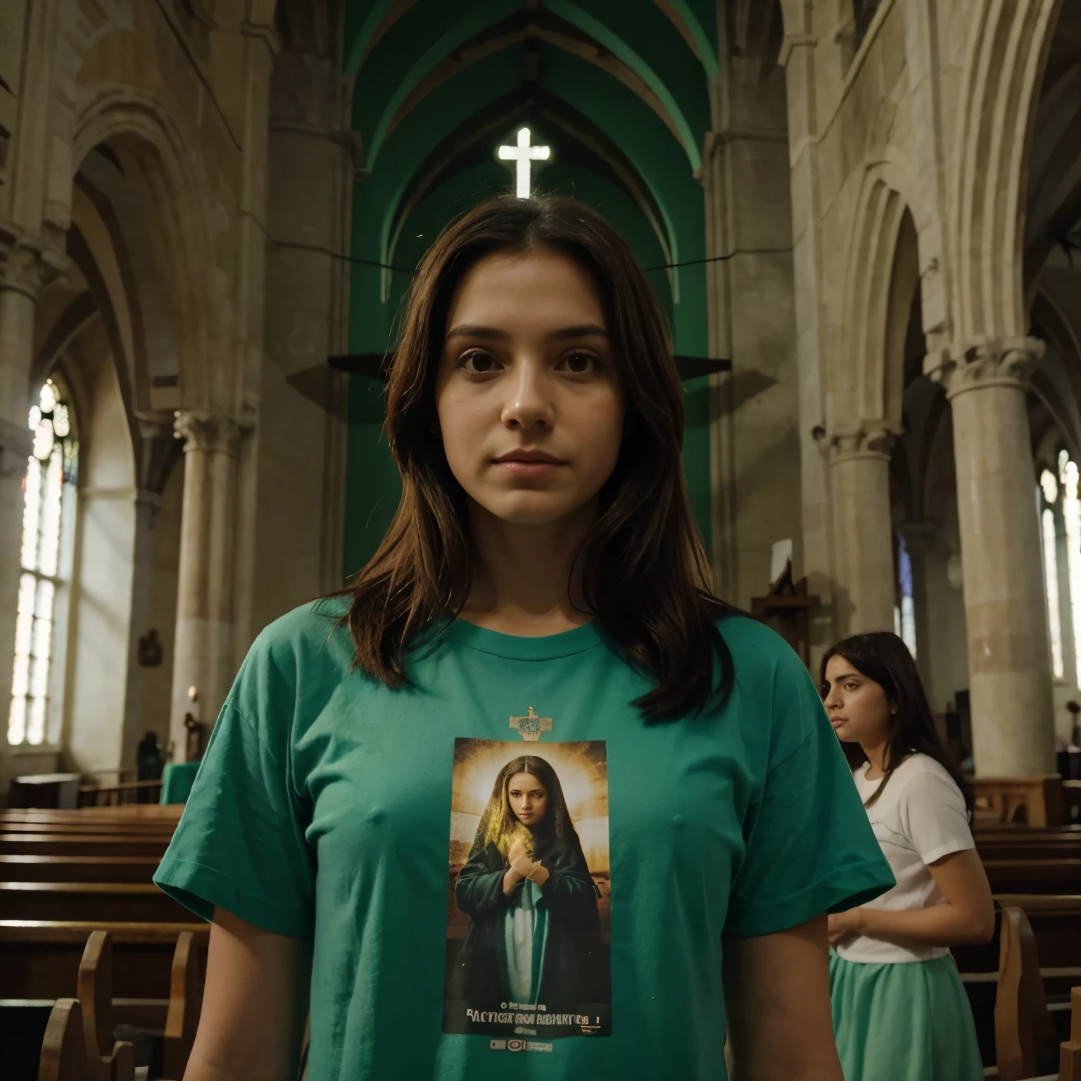 de 20 anos tirando foto, com uma blusa verde escrita: media, inside a church and Jesus Christ passing behind
