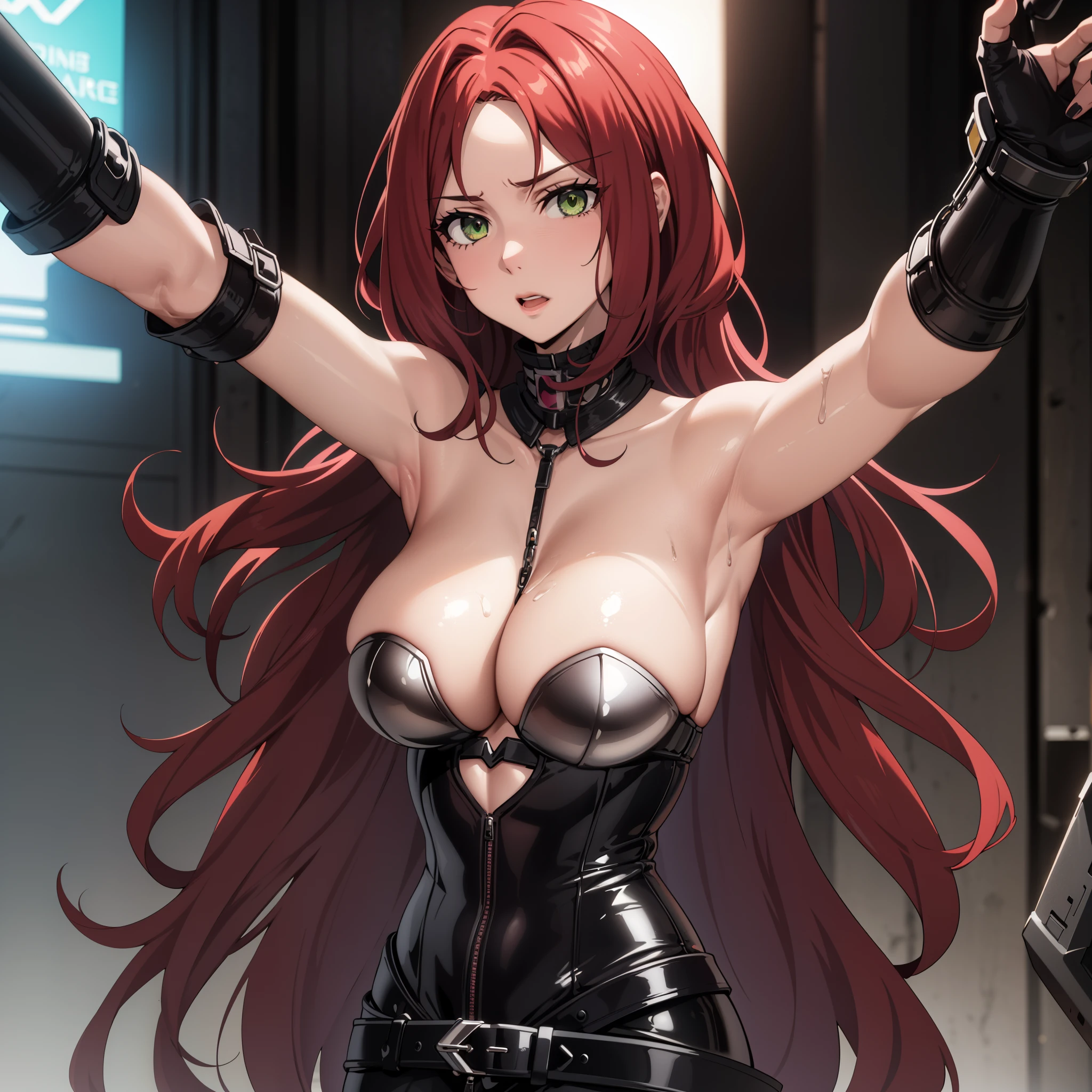 A 30-year-old woman, cabello rojo ondulado, piel clara, ojos verdes como esmeraldas, pechos grandes, Cyberpunk glossy latex set negro, selfi, , pechos grandes. cuerpo completo. manos perfectas.