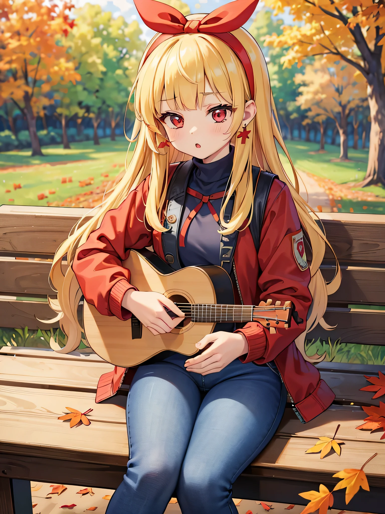 (red ribbon on hairband:1.2),(masterpiece, best quality, highres),finely detail,1girl,(half-closed eyes:0.7),:o,animated,acoustic guitar,sitting on Bench,long blonde hair,blunt bangs,earrings,jeans,(Field Jacket:1.2),turtleneck,falling autumn leaves,autumn leaves,forest,