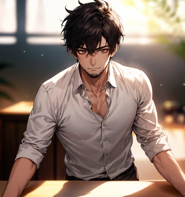 1male, Fully configurable, handsome, Stand alone..., Short black hair, brown Eyes, white shirt, face focus, detailed background, diffused sunlight, Depth of Field, bokeh, detailed eyes, thin beard, at a desk