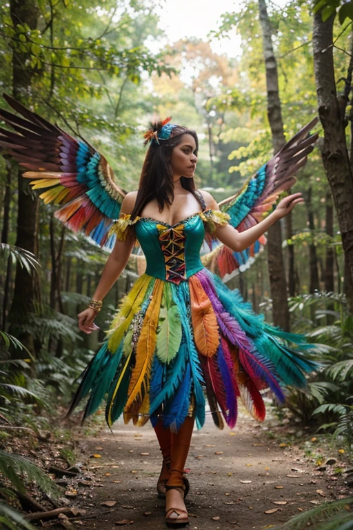 Beautiful woman wearing costume colorful bird with colorful feathers in forest with wings colorful