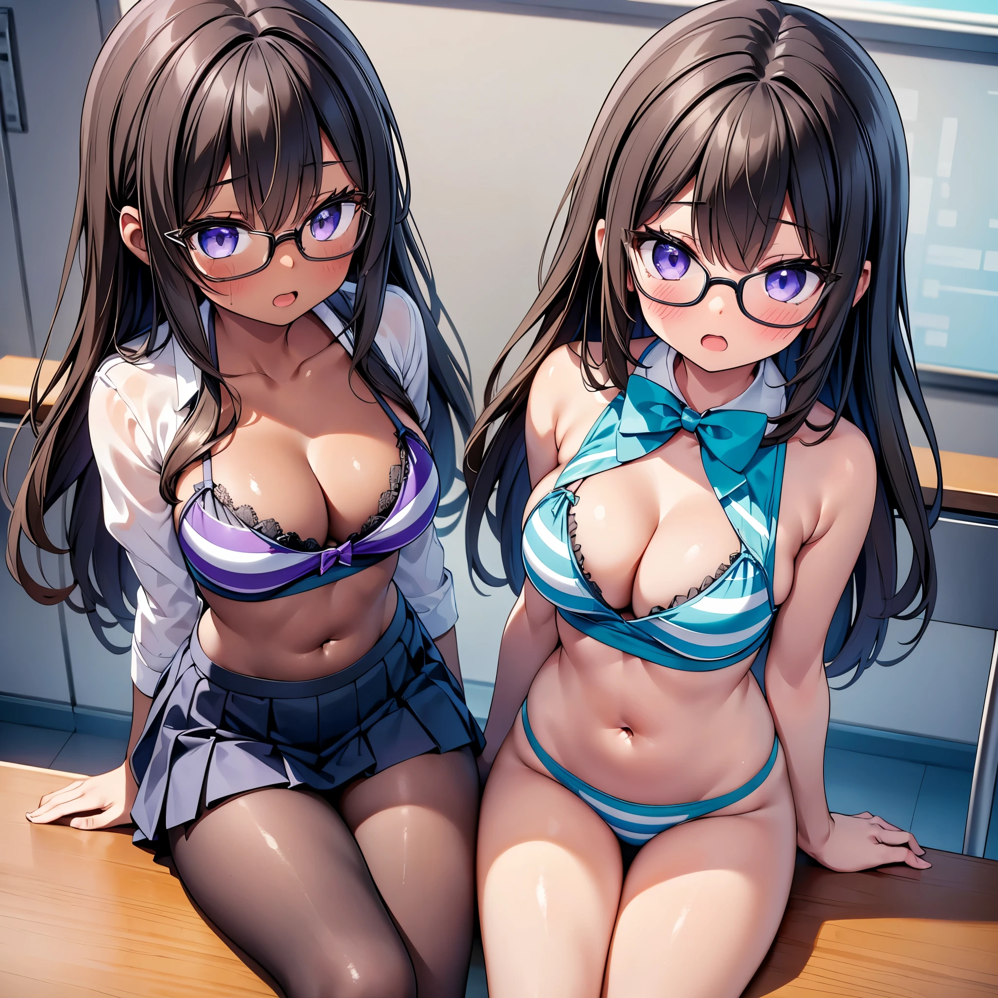 (cute eyes:1.2), (sparkling eyes:1.2), (8K、Best image quality、highest quality、masterpiece)、Detailed face、(2 girls, (Brown Skin:1.3))、Improve、(Black Hair, Purple Eyes, Glasses, long hair)、(open mouth), (embarrassed), (skinny body:1.3),(midium breast), (Light blue striped micro bikini:1.1), (cleavage), (crop top navel), Sit on a chair, Classroom Background, (black stockings:1.1), (Thighs:1.1), (Waistline:1.1),(close-up shot of bust), (from above:1.2)