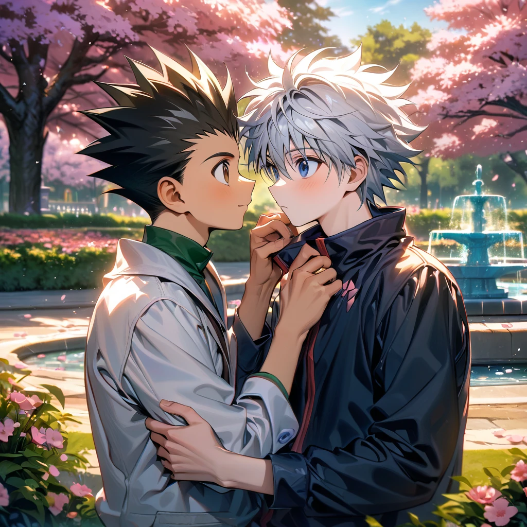 absurdres, highres, ultra detailed, HDR, master piece, best quality, Killua Zoldyck, white hair, expressive blue eyes, Hunter x Hunter, Gon Freecss, black hair, expressive brown eyes, two men together, gay couple, cute, yaoi, park, fountain, pink butterflies, pink flowers, blossoms