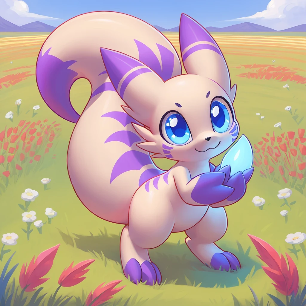 A digimon that vigorously grew a tail brimming with curiosity and rushes to what catches its interest , colors are primarily cream-tan with purple stripes red marking and blue eyes, background field