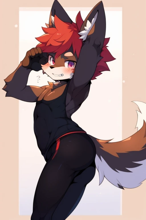 Furry wolf,((Shota)), black spandex yoga pants, solo