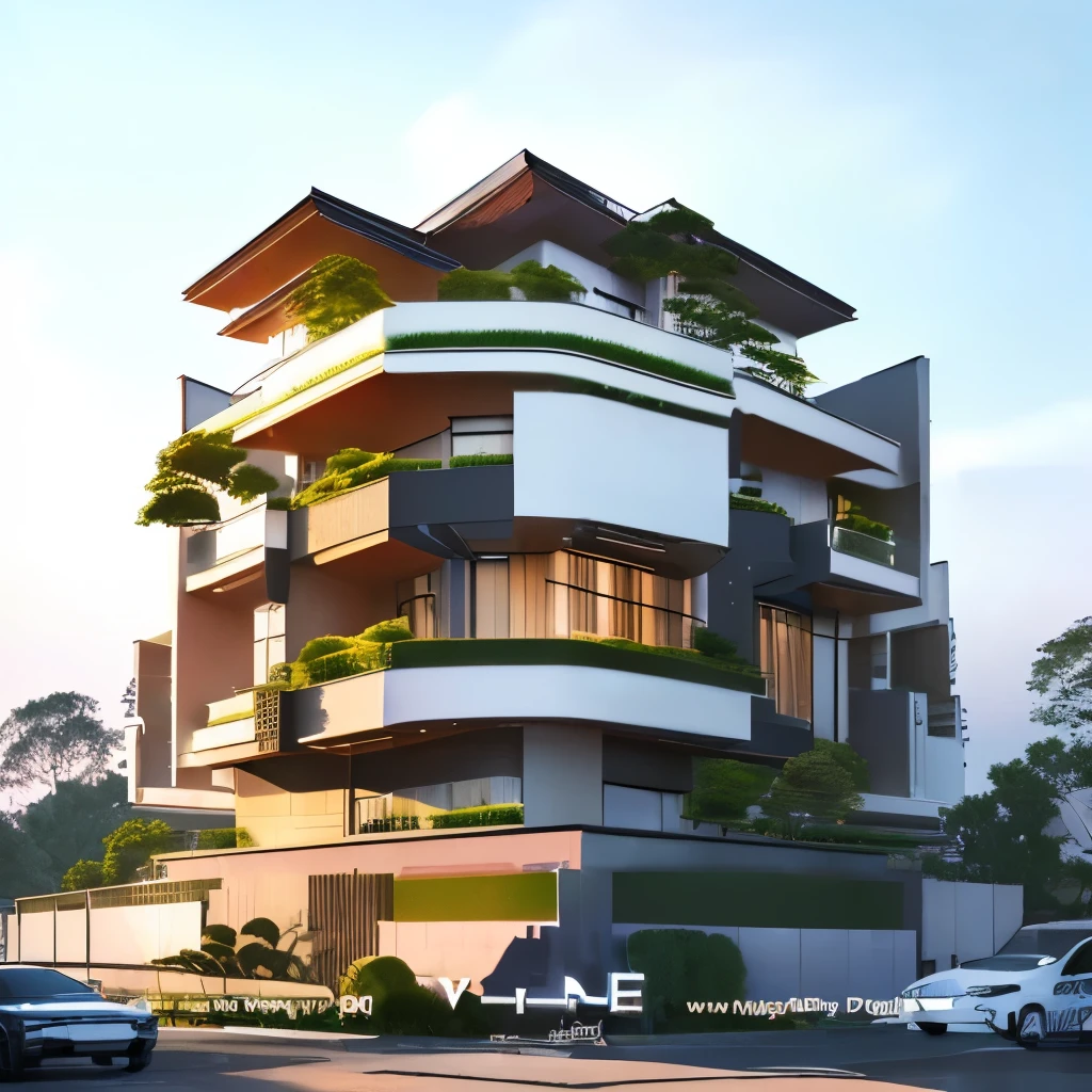 This street corner building has a first floor size of 17m x 16m.5 m and consists of 4 floors. The building's design combines modern style and blends with Indochine style. Create accent blocks for 2 facades , The 1st and 2nd floors are used as restaurants, The 3rd and 4th floors are for families. The building has a balcony facing 1,5 m on both sides of the road, Balcony on 3rd floor, The balcony on the 4th floor has a green planter with climbing plants to limit sunlight exposure to the west and has small panels, create modern shapes. Create a cool space in contact with the outside space. The building's design uses many glass doors to take advantage of natural light and create a feeling of openness for the interior space.. Glass doors also create a highlight for the building's architecture and blend the interior and exterior spaces. Besides, The building also has an elevator cabin, Exploit the space for entertainment and relaxation activities while watching the view on the terrace.
Finally, This street corner building has a versatile and harmonious design, suitable for business activities such as restaurants and providing comfortable living space for families. clear sky , High image quality.
(Masterpiece, best quality: 1.2), 1villa, Rendering of a modern house with lots of windows, Architectural visualization, residential area, Architectural rendering, Quality rendering cao, Wide-angle exterior 2022, Overall architectural design, nhà giàu, 8k vray rendering, Idealist, Very realistic rendering, thiết kế bên ngoài, Architectural rendering chính xác, Highly detailed architecture, gang house, Quality rendering, "cực kỳ thực tế . The 1st floor borders 2 wide streets.