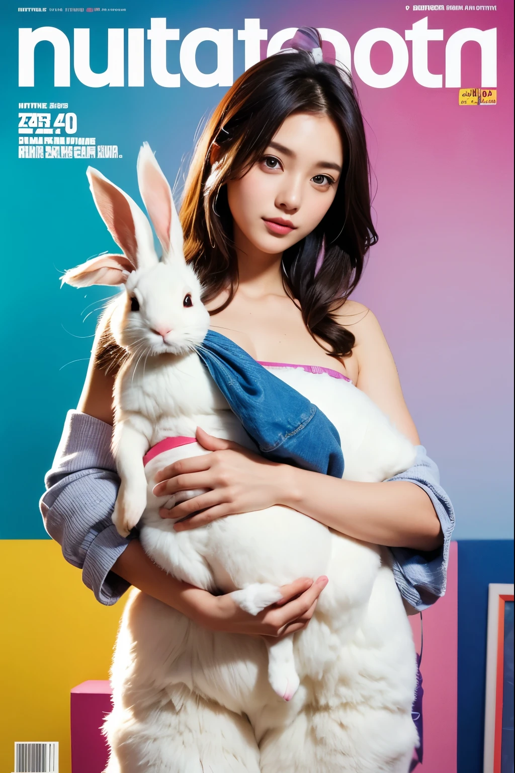 Model and background intact, Beautiful woman holding a large rabbit doll, Colorful background, magazine pose,