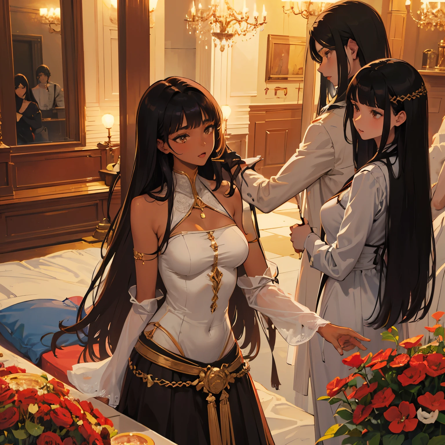 brown-skinned woman, tall and black hair with brown eyes that look red, siendo un emperador con ropas hermosas y masculinas con sus 7 amantes hombres con ropas femeninas