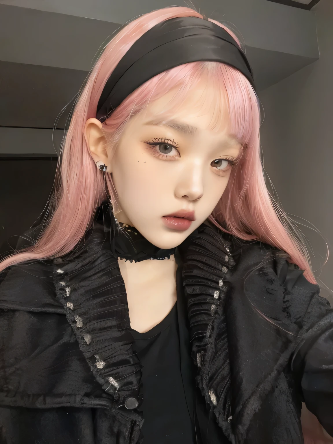 there is a woman con cabello rosado wearing a black top and a black jacket, con cabello rosado, portrait of jossi de blackpink, ulzzang, Cabello rosado y ojos cian., 1 7 year old anime gothic girl, el corte de hime, jossi de blackpink, and - girl, e-chica, cruel korean gothic girl