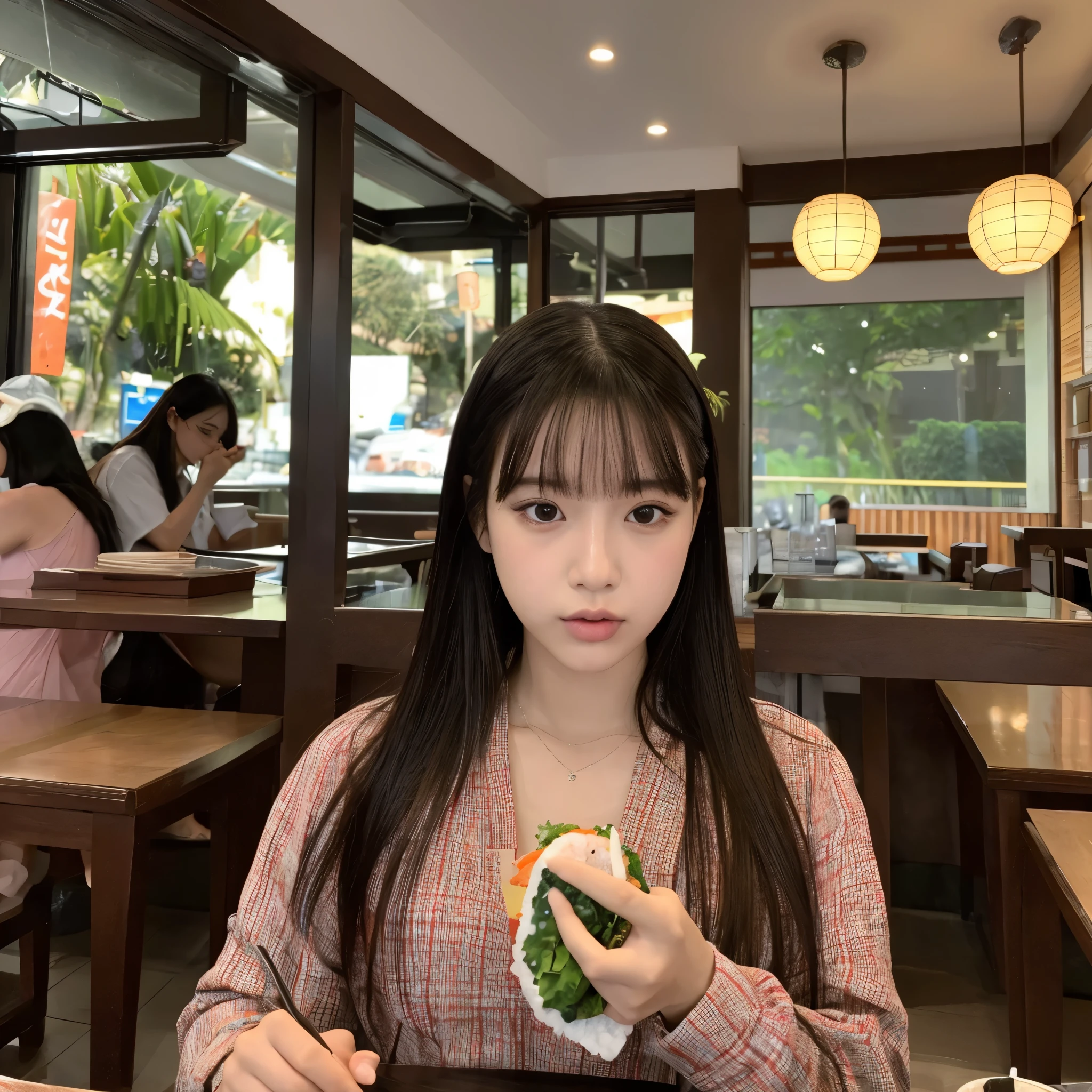 Uma coreana comendo sushi em um restaurante, pessoas ao fundo sentada em suas mesas, realista, fotorealista, detalhes no rosto, maquiagem ulzzang, usando um vestido preto, zoom no rosto, samsung s24 plus camera