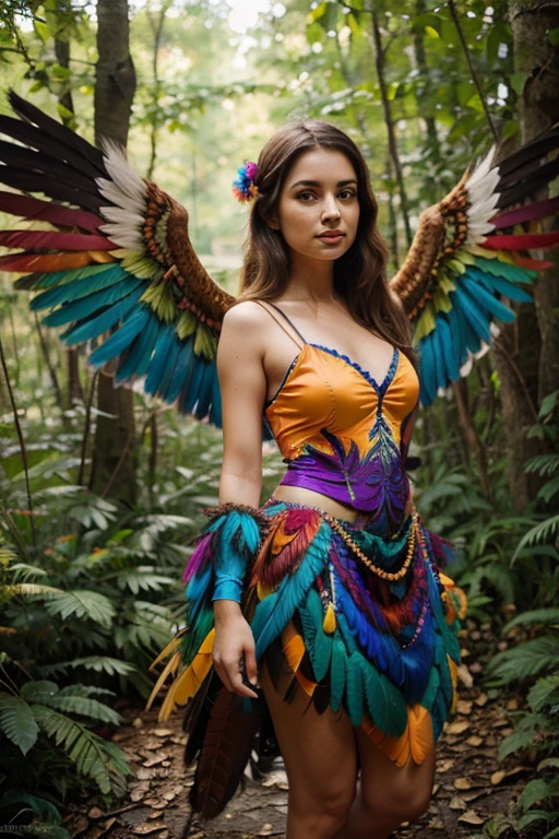 Beautiful woman wearing costume colorful bird with colorful feathers in forest with wings colorful