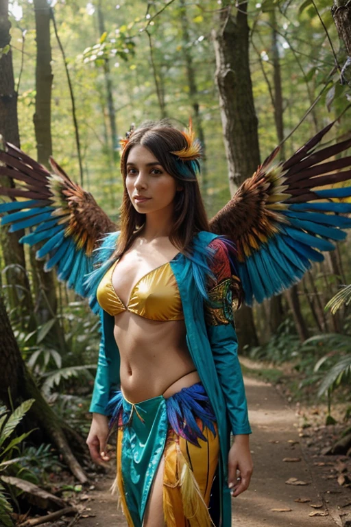 Beautiful woman wearing costume colorful bird with colorful feathers in forest with wings colorful