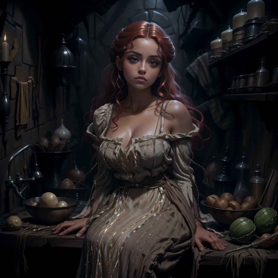 pintura de uma mulher com cabelo castanho e um estrangulamento em um vestido preto, Estilo de arte de John Collier, Donzela com cabelo de cobre, estilo de Karol Bak, uma jovem ruiva, Retrato de uma jovem bruxa, No Bowater Art Style, Directed by: Roberto Lenkiewicz, Geraldo Brom, Alberto Lynch, portrait of princess merida, Dave Sim, Red-haired girl in a shadowy palace, vestido preto e roxo de veludo usando um kokoshnic, roupa luxuosa de cigana, head adornment, Gargantilha de renda, obra-prima, mais alta qualidade, (sozinho), (rosto perfeito: 1.3), (alto detalhe: 1.2), Dramatic, 1girl, anjo, (pale skinned), longos cabelos ruivos, cabelos vermelhos escuros, (Seios enormes), sobrancelhas claras, cabelo longo, noite, roupa de gypspy medieval de cor purpura e preta, muitas joias, head adornments, olhos castanhos, umbigo coberto, pouty lips, Curvilinear, (arms behind back: 1.4), Coberto, Detailed palace background, arte de artgerm e greg rutkowski, cinematic lighthing, , moda, Balenciaga, Alexandre Mc Queen, Glitter, cabelos castanhos acobreados, cabelos castanhos bonitos, pale skinned, garrafa de gordura, large lips, juicy lips beautiful lips, olhos azuis detalhados e bonitos, boechachas gordinhas, Rosto redondo, jovem gordinha, Adolescente gordinha, Chub,  gorda, Mulher com corpo rechonchudo, mulher gordinha, perfect hands, olhos perfeitos, rosto perfeito, vestido preto