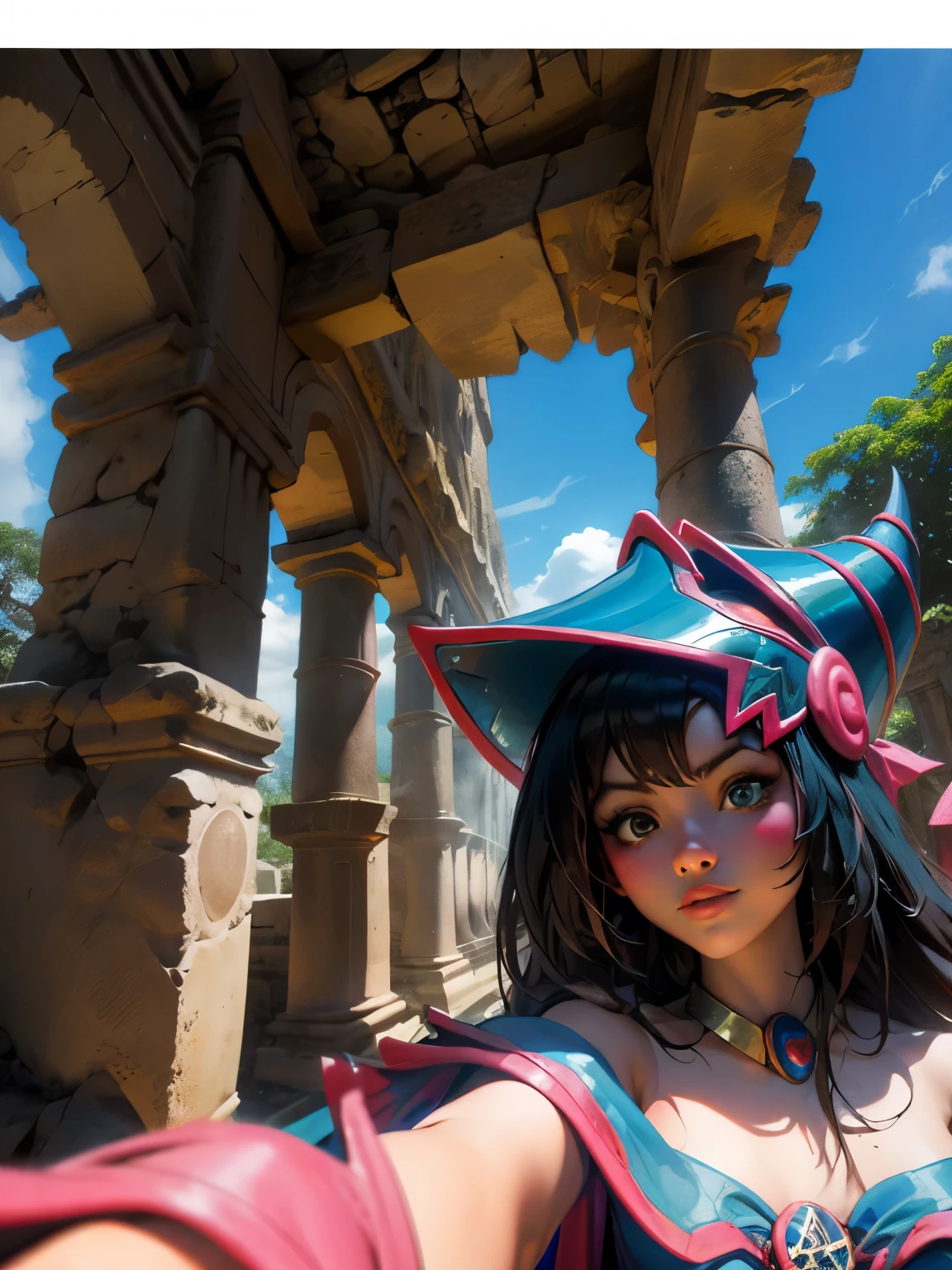 Dark magician taking a selfie in some Mayan ruins. Ella tiene cabello rubio. ojos azules. Labios rojos. Se toma una selfies en unas ruinas mayas. Selva y jaguares a si alrededor