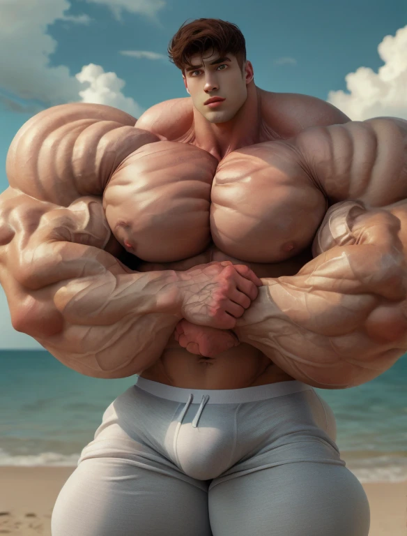 1 boy, giant, model shoot style, looking at camera, standing, cool ambience, outdoor, summer season, at the ocean lagoon, cloudy sky, strong body, bulk, large size, standing, white triangular underwear, prominent bulge, big, brutalmass, giant, muscular body, bulk, massive body, large meaty body size, brown skin