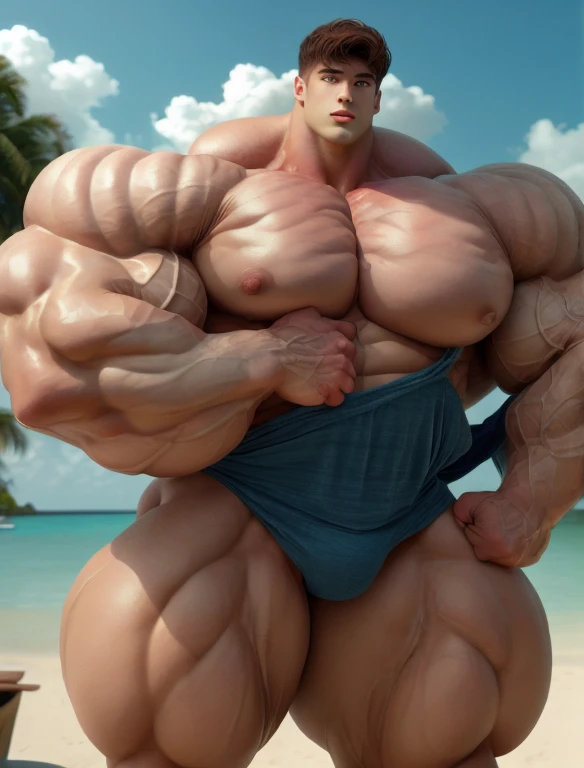 1 boy, giant, model shoot style, looking at camera, standing, cool ambience, outdoor, summer season, at the ocean lagoon, cloudy sky, strong body, bulk, large size, standing, white triangular underwear, prominent bulge, big, brutalmass, giant, muscular body, bulk, massive body, large meaty body size, brown skin